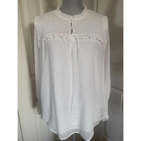 LOFT Cream Clip Dot Textured Sheer Long Sleeve Blouse Size Med Ruching - Picture 1 of 6